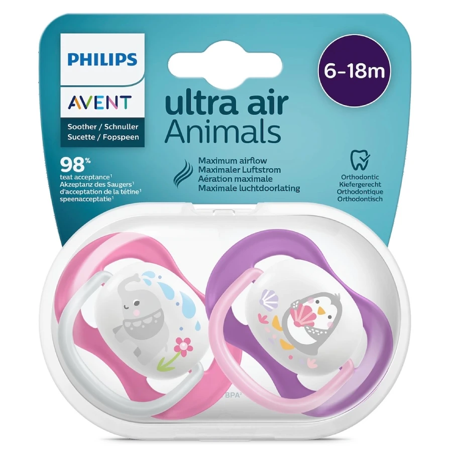 پستانک ارتودنسی ۶ تا ۱۸ ماه دوتایی فیلیپس اونت PHILIPS AVENT سری UltraAir مدل SCF080/08